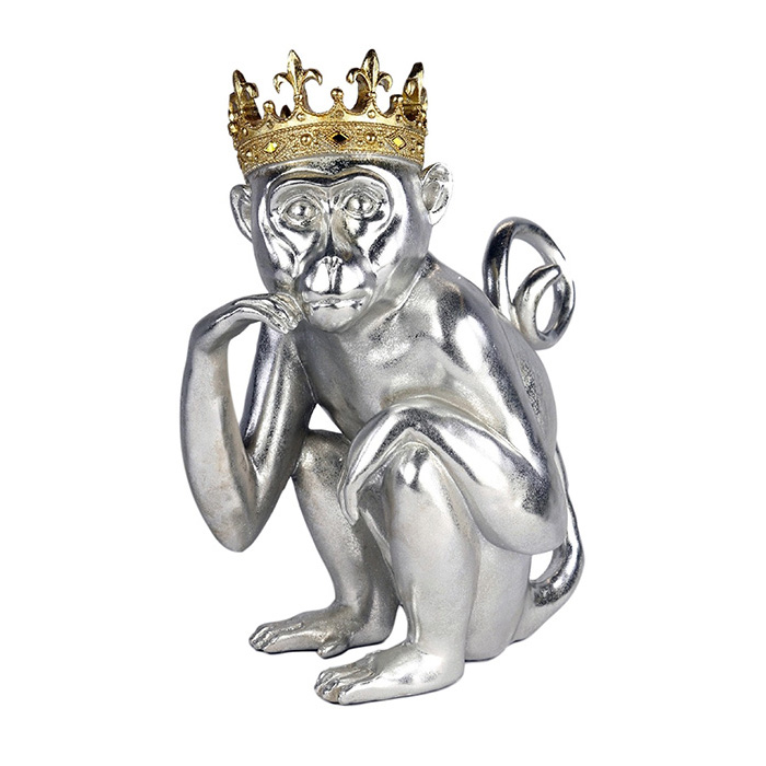 Resin Macaque Monkey With Gold Crown Metallic Finish